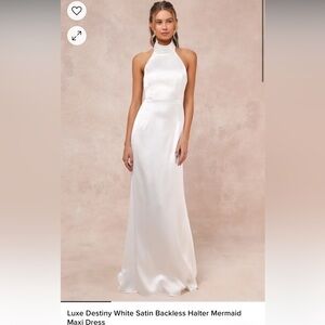 Lulus luxe destiny white satin backless halter mermaid maxi dress